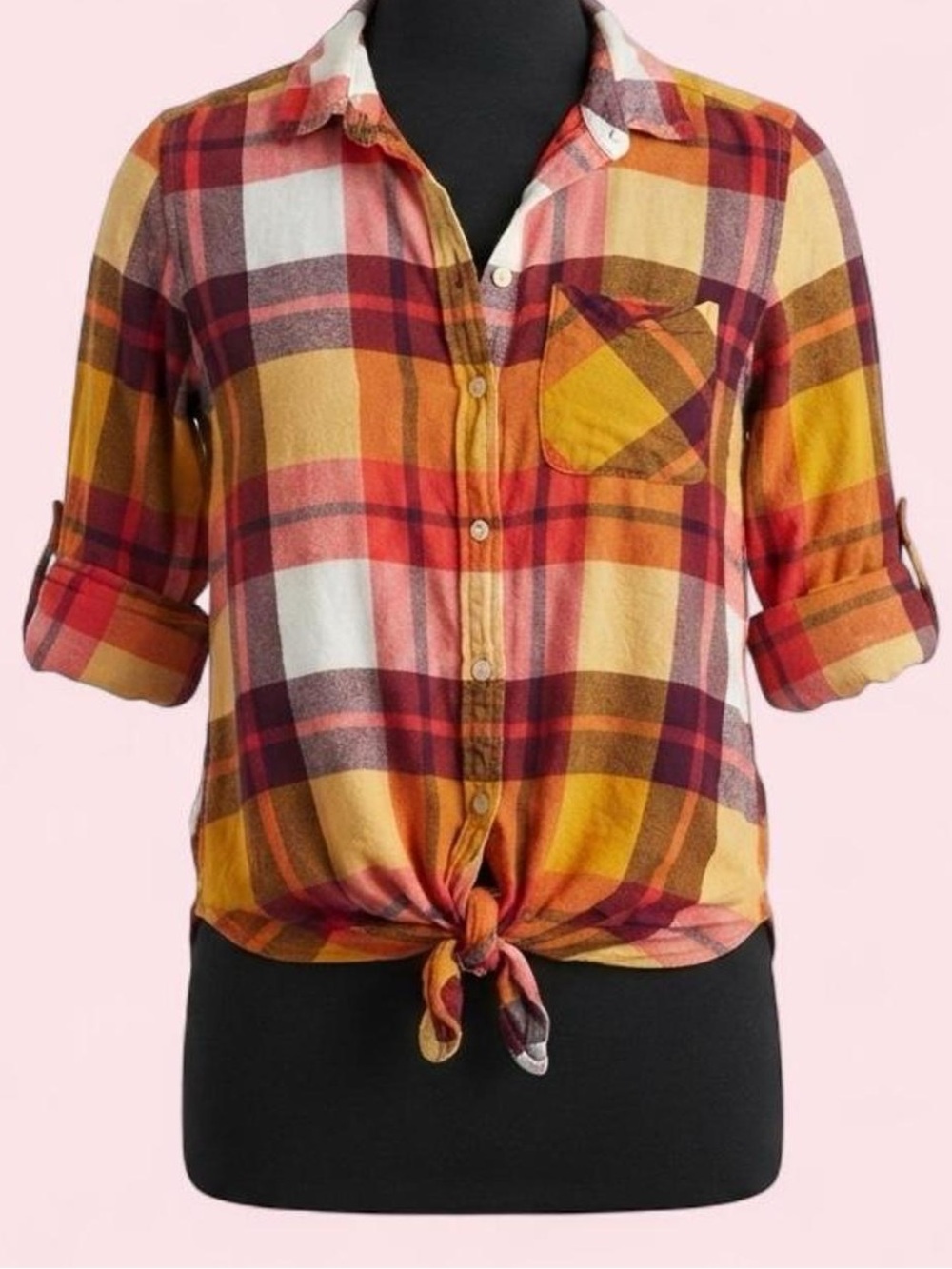 American Eagle Outfitters 2015 Red, Yellow & Orange Plaid Button-Down Shirt